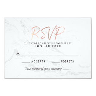 Modern White Marble Rose Gold Script Wedding RSVP Card