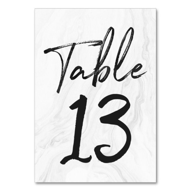 Modern White Marble Script | Table Number Card 13 (Front)
