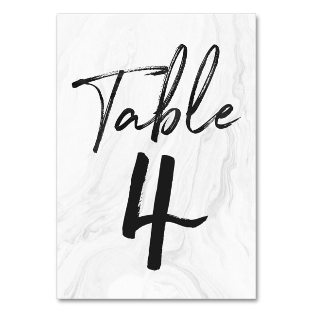 Modern White Marble Script | Table Number Card 4 (Front)