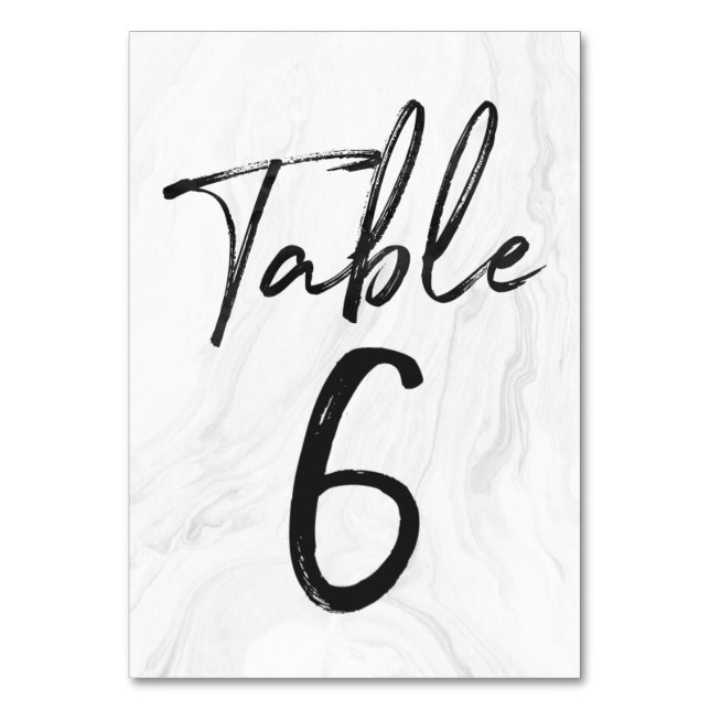Modern White Marble Script | Table Number Card 6 (Front)