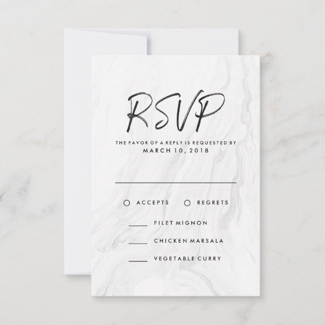 Modern White Marble Script | Wedding RSVP Menu (Front)