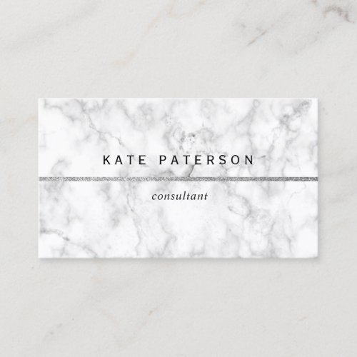 Modern White Marble Silver Glitter Stripe Business Card