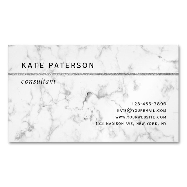 Modern White Marble Silver Glitter Stripe Business Card Magnet (Front)