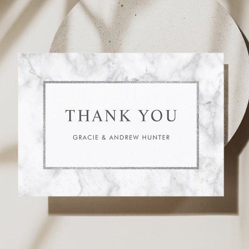 Modern White Marble Silver Glitter Thank You Card