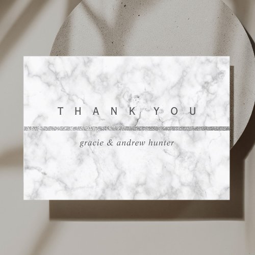 Modern White Marble Silver Glitter Thank You Card