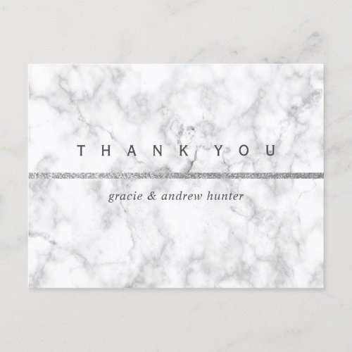 Modern White Marble Silver Glitter Thank You Postcard