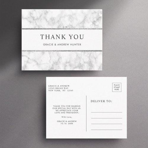 Modern White Marble Silver Glitter Thank You Postcard