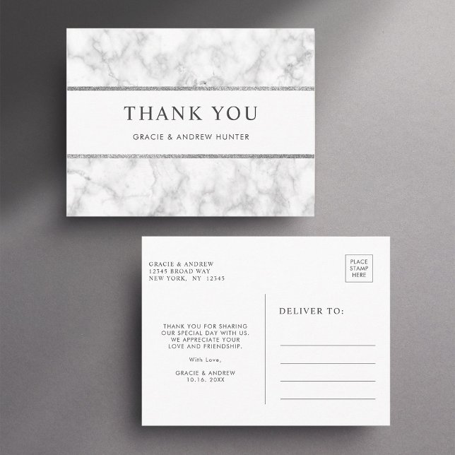 Modern White Marble Silver Glitter Thank You Postcard (Front & Back)