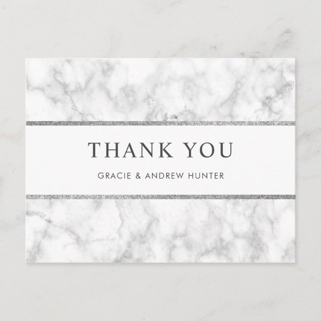 Modern White Marble Silver Glitter Thank You Postcard (Front)