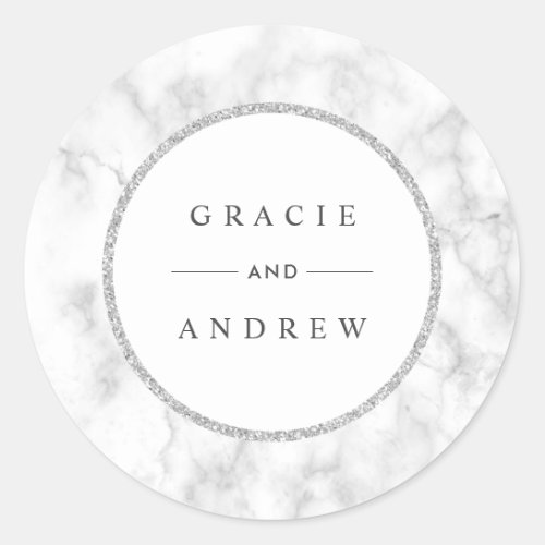Modern White Marble Silver Glitter Wedding Classic Round Sticker