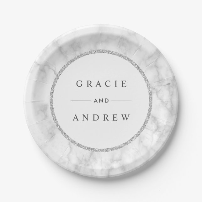 Modern White Marble Silver Glitter Wedding Paper Plates (Front)