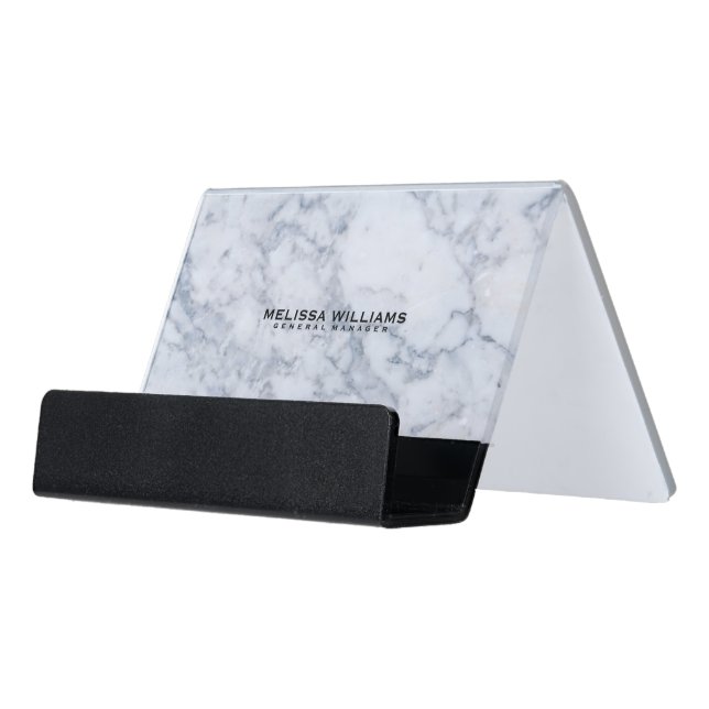 Modern White Marble Stone Texture Desk Business Card Holder (Angled Front)