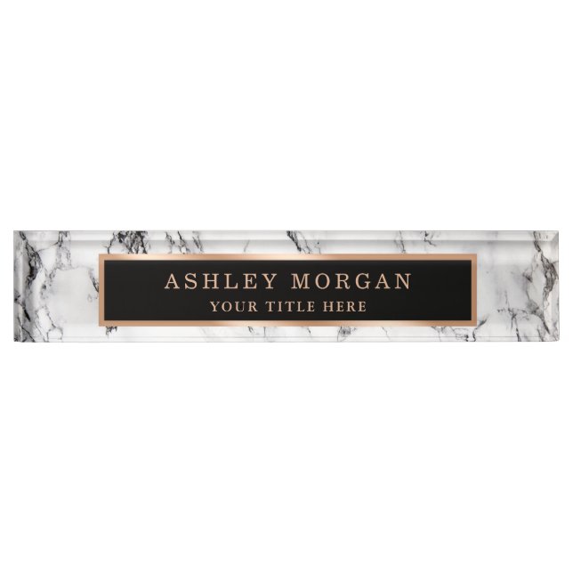 Modern White Marble Stone Texture Look Personalize Desk Name Plate (Front)