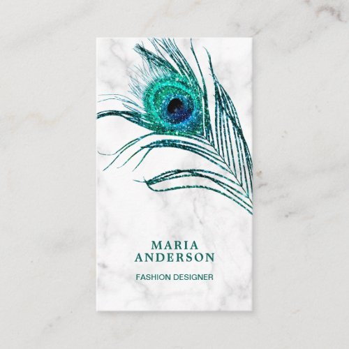 Modern White Marble Teal Peacock Feather Business Card