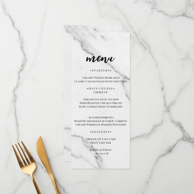 Modern White Marble Texture Wedding Menu Card (Front/Back In Situ)