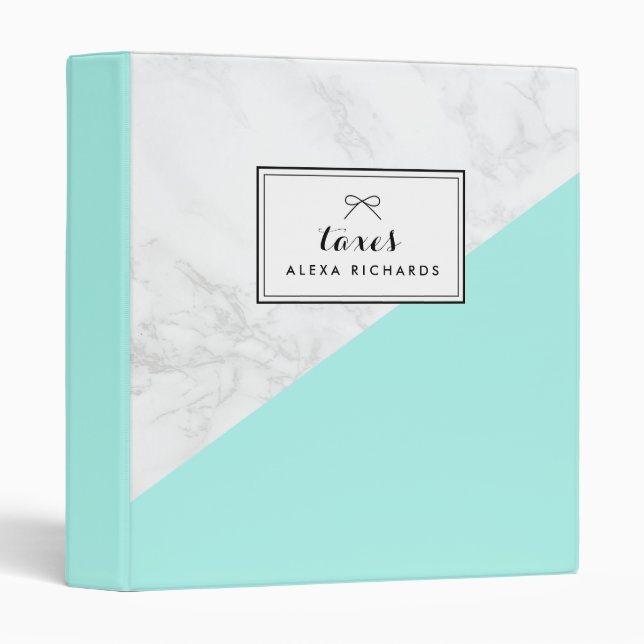 Modern White Marble with Aqua Blue Block Binder (Front/Spine)