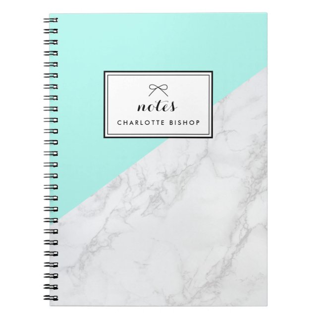 Modern White Marble with Aqua Blue Block Notebook (Front)