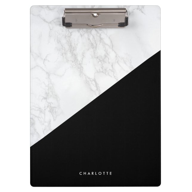 Modern White Marble with Black Block Personalized Clipboard (Front)