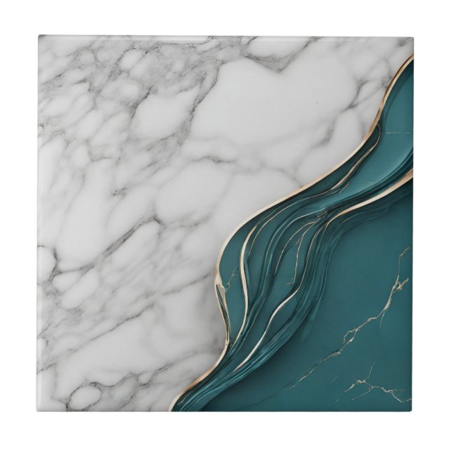 Modern White Marble with Dark Teal and Gold Ceramic Tile (Front)