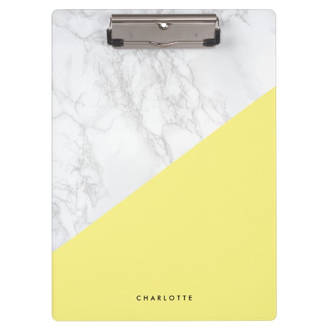 Modern White Marble with Yellow Block Personalized Clipboard (Front)