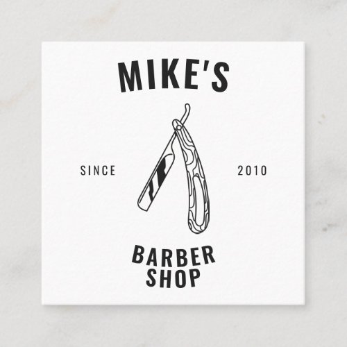 Modern white mens barbershop razor hairdresser square business card