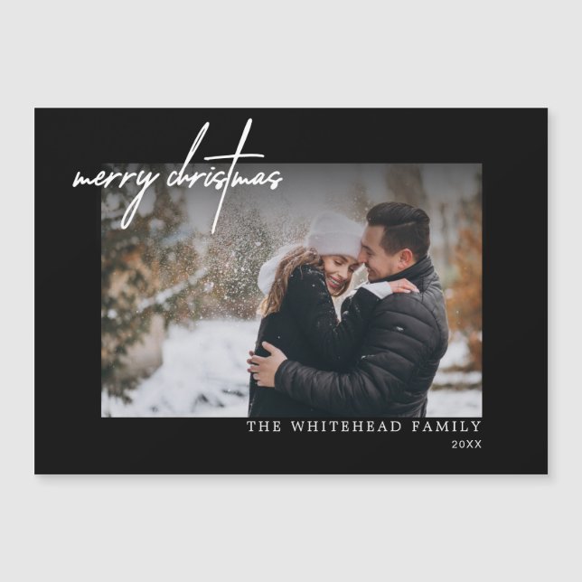 Modern White Merry Christmas Black Magnetic Card (Front)