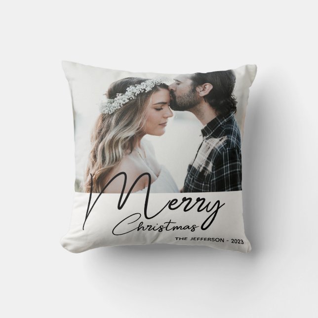 Modern White Merry Christmas Photo Throw Pillow (Front)