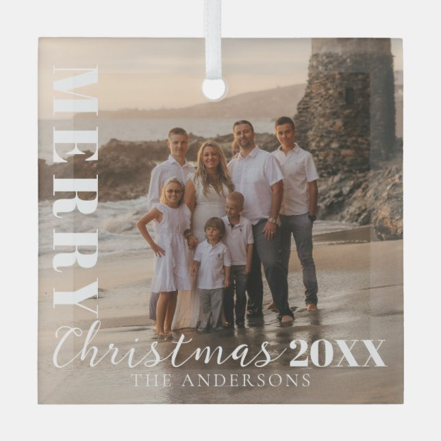 Modern White Merry Christmas Photo Year 2025 Glass Ornament (Front)