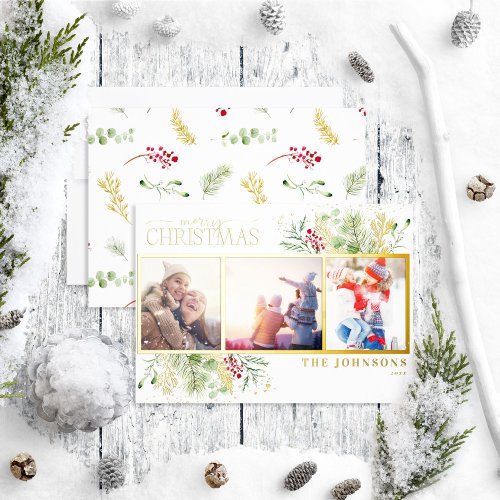 Modern White Merry Christmas Script Pine Photo Foil Holiday Card