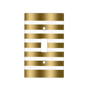 Modern White & Metallic Look Gold Stripes Pattern Light Switch Cover