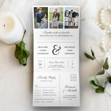 Modern White Minimal 3 in 1 Photo Collage Wedding Tri-Fold Invitation