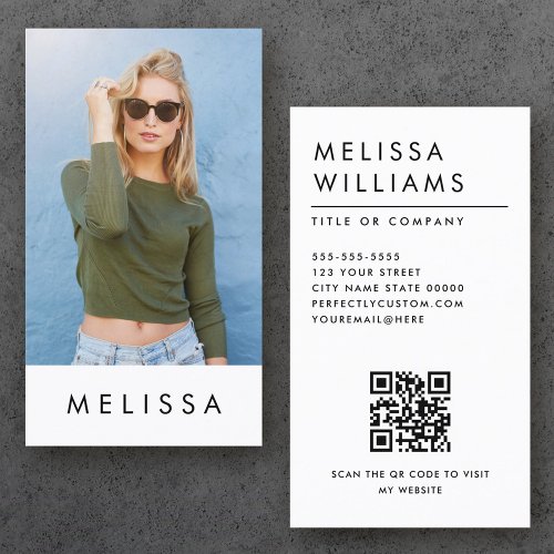 Modern white minimalist custom photo QR code Business Card