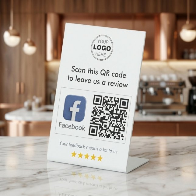 Modern White Minimalist Facebook QR Code Review Pedestal Sign (Minimalist Facebook QR Code Review Sign for Small Business Marketing)