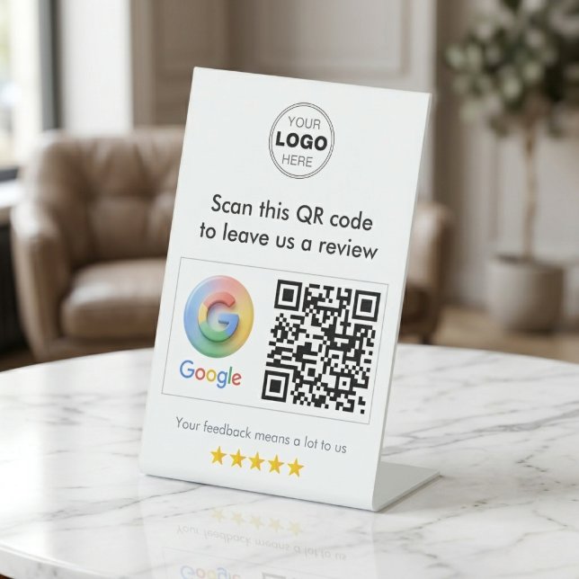 Modern White Minimalist Google Review QR Code Pedestal Sign (Modern White Minimalist Google Review QR Code Sign for Small Business)