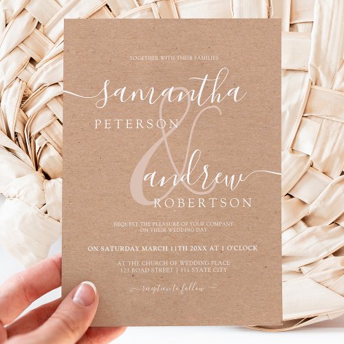 Modern white minimalist kraft script wedding invitation