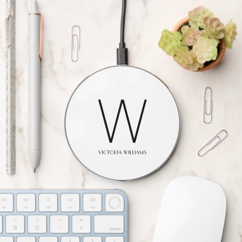 Modern white minimalist monogram name wireless charger 