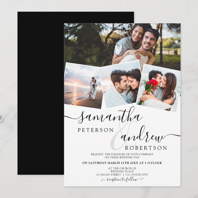 Modern white minimalist script 4 photos wedding invitation (Front/Back)