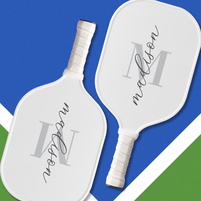 Modern White Minimalist Script Monogram Pickleball Paddle (Creator Uploaded)
