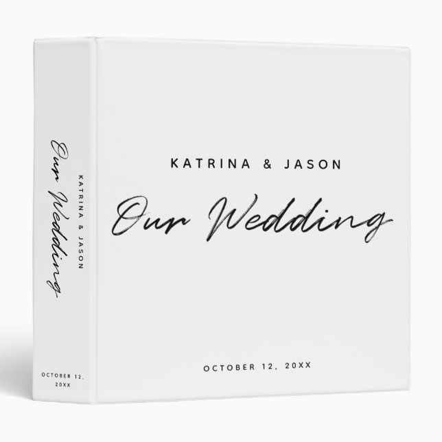 Modern White Minimalist Script Wedding Album 3 Ring Binder (Front/Spine)