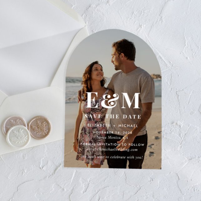 Modern White Monogram Arch Photo Save The Date (Make your day unforgettable with stunning arched acrylic save the dates—modern, elegant, unique!)