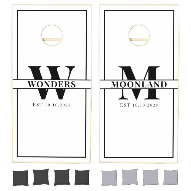 Modern White Monogram Custom Name Cornhole Set