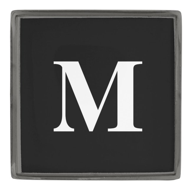 Modern White Monogram Initial on Black Gunmetal Finish Lapel Pin (Front)