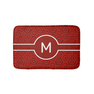 Modern White Monogram on Red Geometric Bath Mat