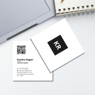 Modern White Monogram QR code Minimal  Square Business Card