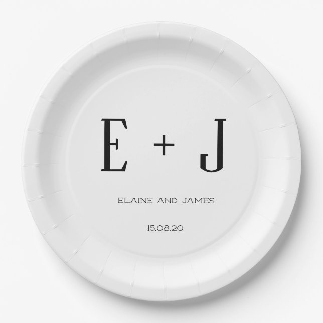Modern White Monogram Wedding Engagement Party  Paper Plates (Front)