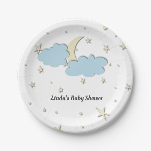 Modern White Moon  Stars Elegant Baby Shower Paper Plates