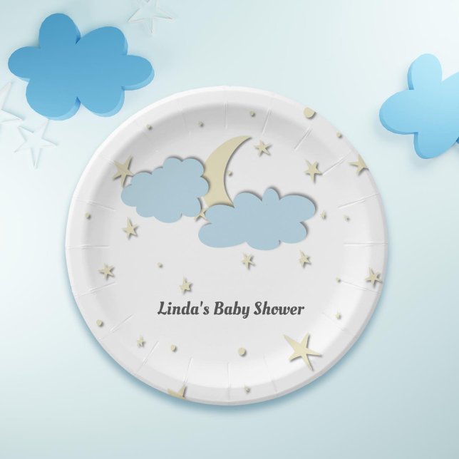 Modern White Moon & Stars Elegant Baby Shower Paper Plates (Creator Uploaded)