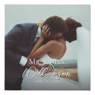 Modern White Mr and Mrs Name Photo Wedding  Faux Canvas Print