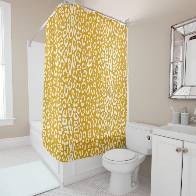 Modern, white, mustard yellow, animal print shower curtain (In Situ)