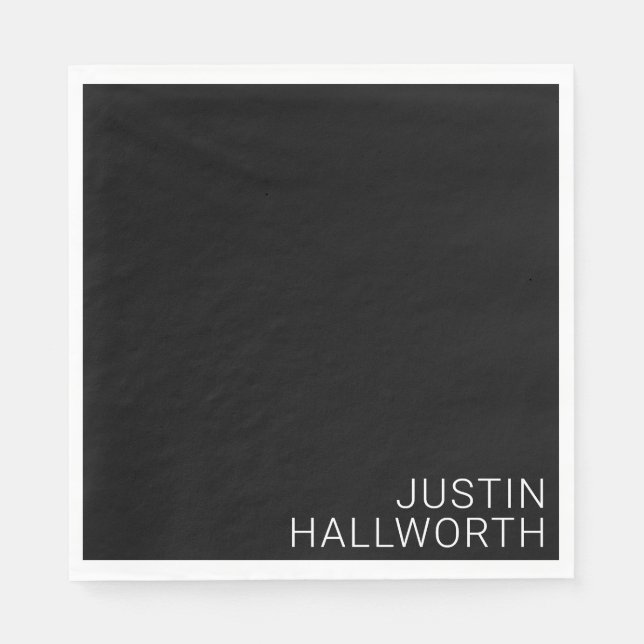 Modern White Name on Black Napkins (Front)